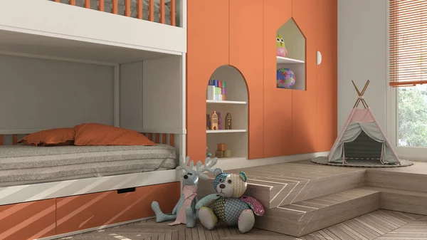 Modern minimalist children bedroom in orange pastel tones, parquet floor, bunk bed, cabinets with toys, puppets and decors, soft carpet, tepee, interior design concept idea
