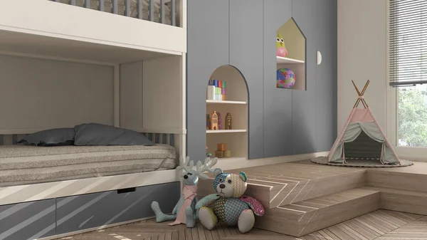 Moderna Habitación Minimalista Para Niños Tonos Pastel Grises Suelo Parquet —  Fotos de Stock