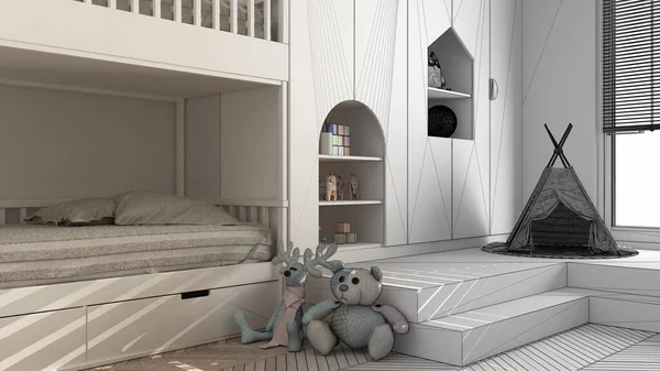 Arquitecto Concepto Diseñador Interiores Proyecto Inacabado Que Convierte Real Dormitorio —  Fotos de Stock