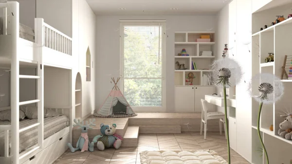 現代の子供の寝室 二段ベッド おもちゃや人形の上に種を吹くとふわふわの風通しの良いタンポポが芽吹きます インテリアデザインのアイデア 自由の概念 — ストック写真