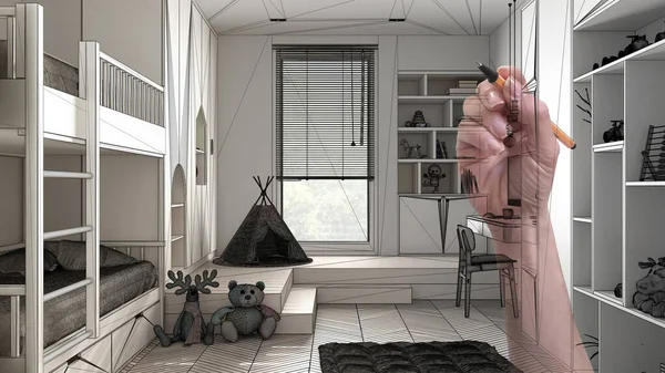 Dibujo Mano Personalizado Dormitorio Moderno Para Niños Parquet Espiga Armarios —  Fotos de Stock
