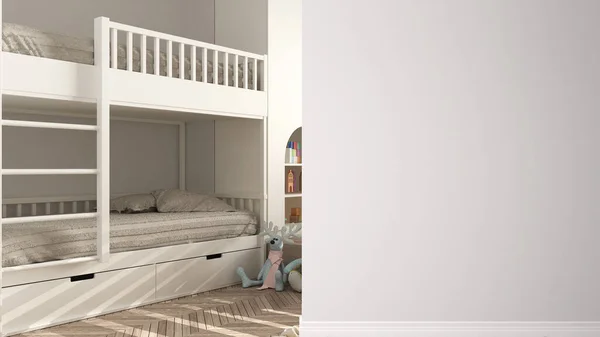 Modern children bedroom with bunk bed, herringbone parquet floor, toys and puppets on a foreground wall, interior design architecture idea, concept with copy space, blank background
