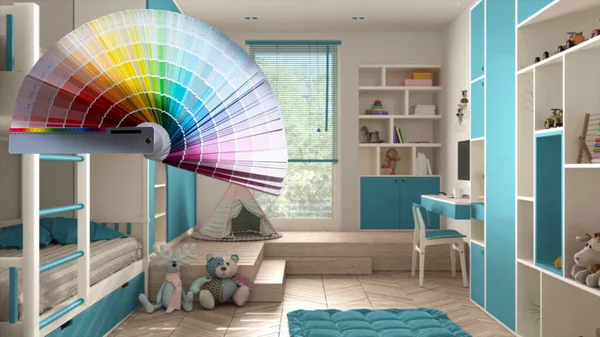 Color palette samples over children modern bedroom in blue tones, parquet floor, panoramic window, desk with chair, bunk bed, carpet, minimalistic clean white interior design