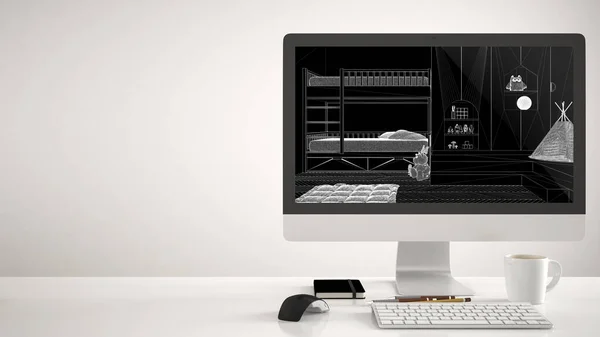 建筑师住宅项目概念 白色背景的台式计算机 显示Cad草图的工作台 现代儿童房 双层床 带有复制空间的室内设计理念 — 图库照片