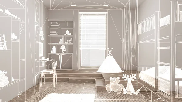Empty white interior with white walls and herringbone parquet wooden floor, custom architecture design project, white ink sketch, blueprint showing children bedroom, architecture