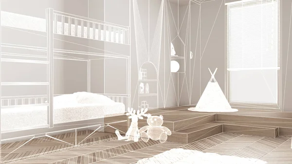Empty white interior with white walls and herringbone parquet wooden floor, custom architecture design project, white ink sketch, blueprint showing children bedroom, architecture
