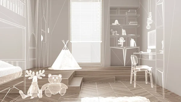 白い壁とHerringboneの寄木細工の木製の床 カスタム建築デザインプロジェクト 白いインクのスケッチ 子供の寝室 建築を示す青写真と空の白いインテリア — ストック写真