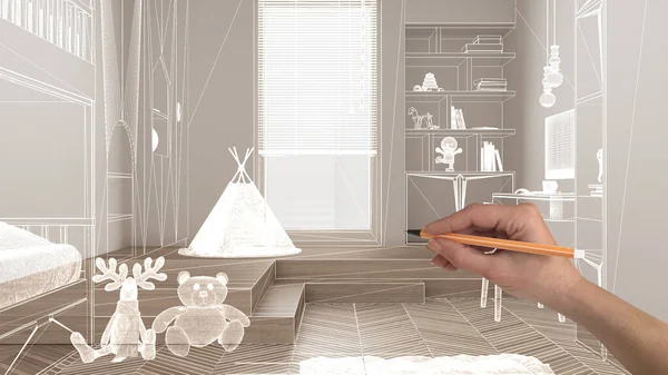 Herringbone meşe parke zeminli içi boş, el yapımı mimari tasarımı, beyaz mürekkep çizimi, modern çocukların yatak odasını gösteren plan, konsept, model, fikir.