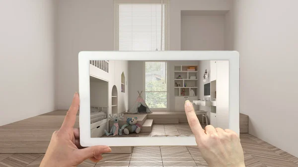 Conceito Realidade Aumentada Tablet Mão Com Aplicação Usado Para Simular — Fotografia de Stock