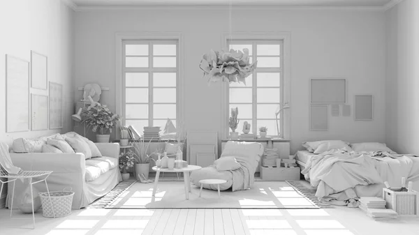 Całkowity Biały Projekt Skandynawskiej Otwartej Przestrzeni Pokój Dzienny Sypialnia Sofą — Zdjęcie stockowe