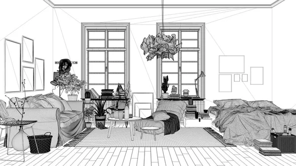 スキャンディナヴィアオープンスペース ソファとベッド付きのリビングルームとベッドルーム コーヒーテーブル カーペット 装飾品や鉢植えの植物 寄木細工の床 モダンなインテリアデザインの青写真プロジェクトの草案 — ストック写真