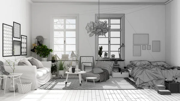Architect Interior Designer Concept Unfinished Project Becomes Real Scandinavian Open — Stock Photo, Image