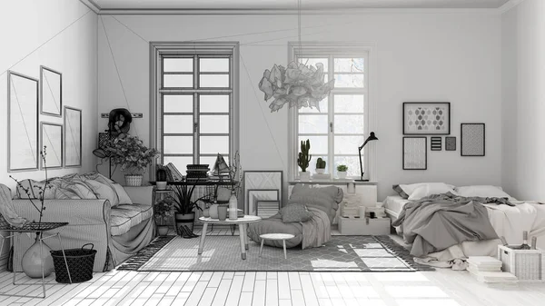 Architect interior designer concept: unfinished project that becomes real, scandinavian open space, living room and bedroom with sofa and bed, carpet, plants, parquet, modern design