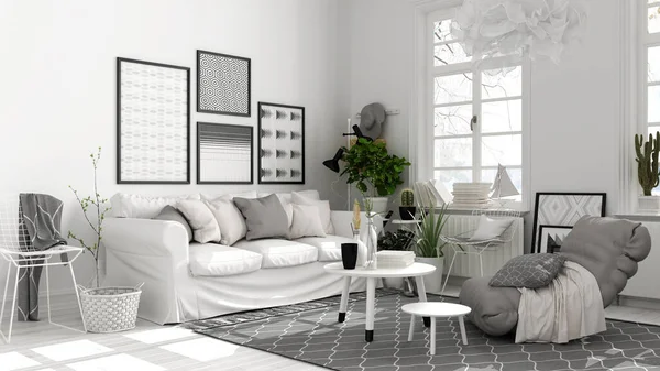 斯堪的纳维亚公共空间 有白色色调 有沙发和装饰的客厅 咖啡桌 扶手椅 装饰和盆栽植物 木地板 现代室内设计 — 图库照片