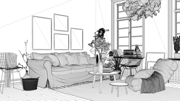 Entwurfsentwurf Eines Skandinavischen Freiraums Wohnzimmer Mit Sofa Couchtischen Sessel Kissen — Stockfoto