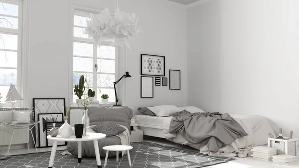 Scandinavische Open Ruimte Witte Tinten Slaapkamer Met Tweepersoonsbed Decors Salontafels — Stockfoto