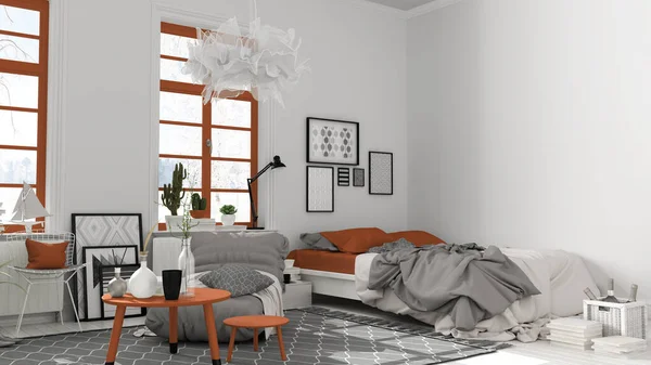 白とオレンジのトーンで北欧のオープンスペース ベッドと装飾付きのベッドルーム コーヒーテーブル アームチェア カーペット 装飾品や植物 寄木細工の床 モダンなインテリアデザイン — ストック写真