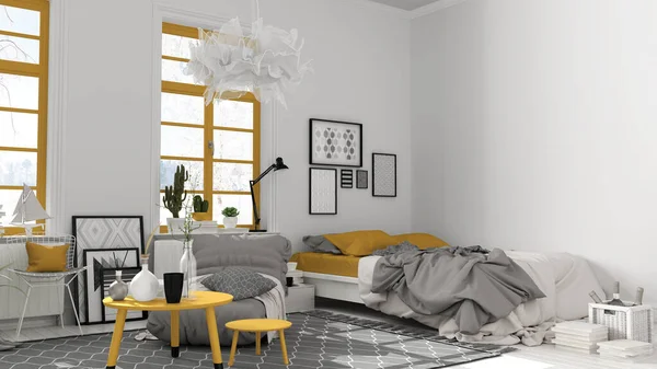 Scandinavian Open Space White Yellow Tones Bedroom Bed Decors Coffee — Stock Photo, Image