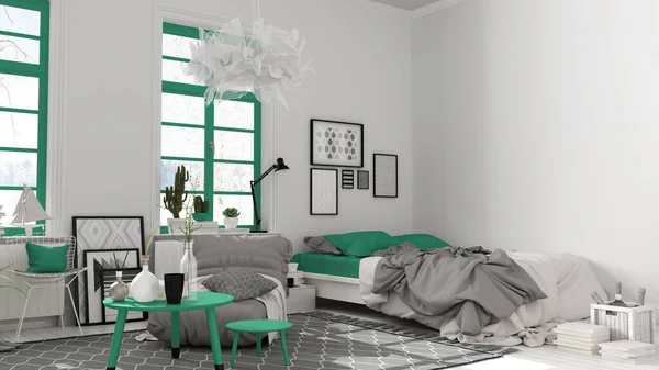 Skandinavischer Offener Raum Weißen Und Türkisfarbenen Tönen Schlafzimmer Mit Bett — Stockfoto