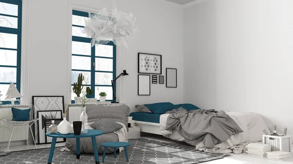 Espacio Abierto Escandinavo Tonos Blanco Azul Dormitorio Con Cama Decoración — Foto de Stock