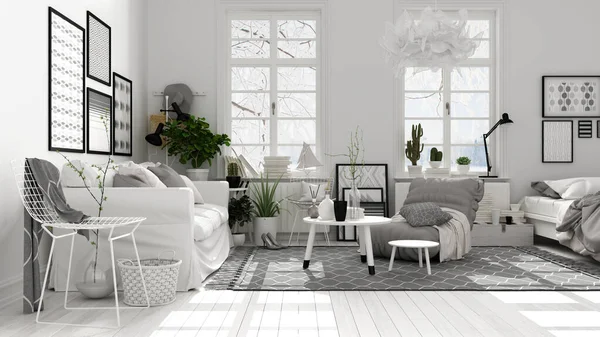 白い色調で北欧オープンスペース ソファと装飾付きのリビングルーム コーヒーテーブル アームチェア カーペット 装飾品や鉢植え 寄木細工の床 モダンなインテリアデザイン — ストック写真