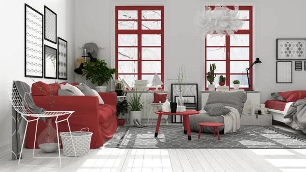 Espacio Abierto Escandinavo Tonos Blanco Rojo Sala Estar Con Sofá — Foto de Stock