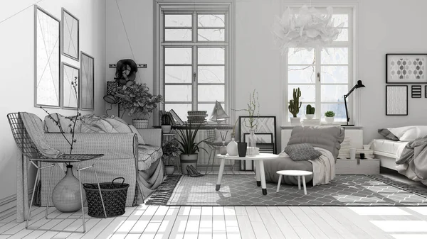 Architect interior designer concept: unfinished project that becomes real, scandinavian open space, living room with sofa and armchair, pillow, carpet, parquet, modern interior design