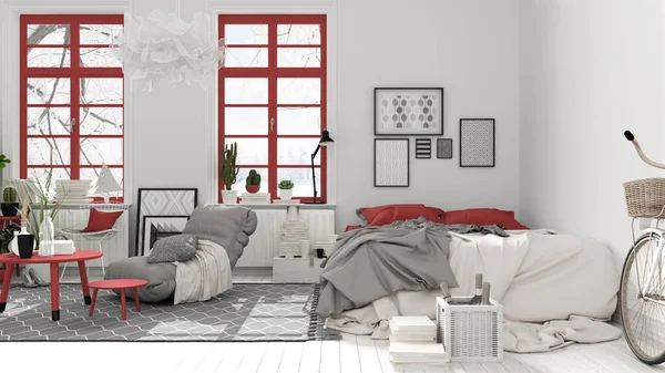 Scandinavische Open Ruimte Witte Rode Tinten Slaapkamer Met Bed Decors — Stockfoto