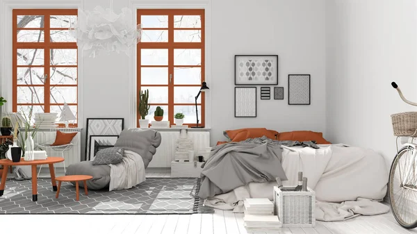 Skandinavia Membuka Ruang Dengan Warna Putih Dan Oranye Kamar Tidur — Stok Foto