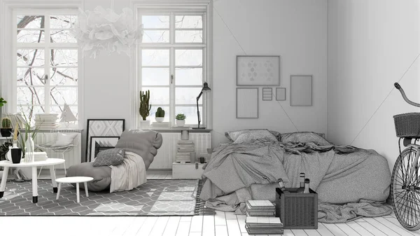 Architect interior designer concept: unfinished project that becomes real, scandinavian open space, bedroom with double bed and decors, coffee tables, armchair, modern interior design