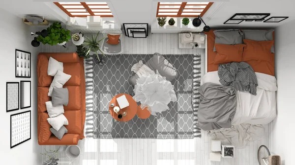 스칸디나비아 인들은 흰색과 오렌지 색으로 침대가 거실과 테이블 양탄자 위에서 — 스톡 사진