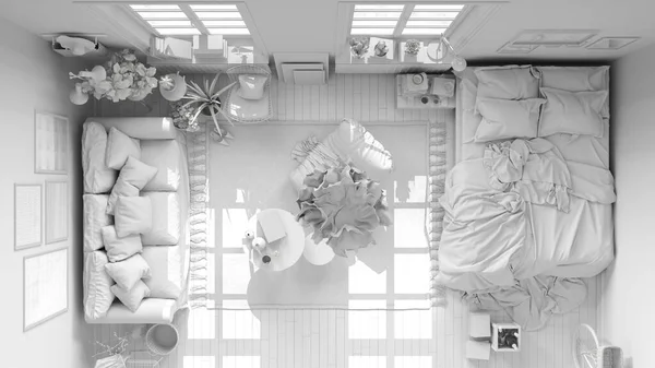 Proyecto Blanco Total Espacio Abierto Escandinavo Sala Estar Dormitorio Con — Foto de Stock
