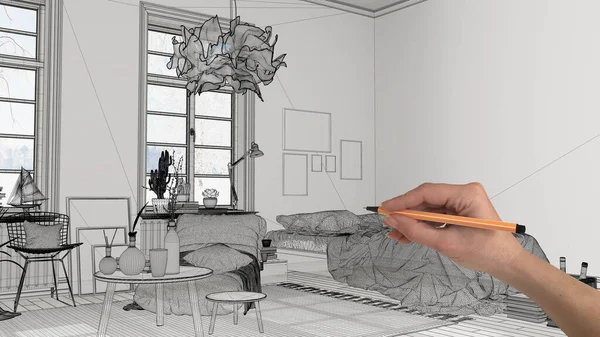 Leeres Weißes Interieur Mit Marmorfliesen Boden Handzeichnung Individuelles Architekturdesign Schwarze — Stockfoto
