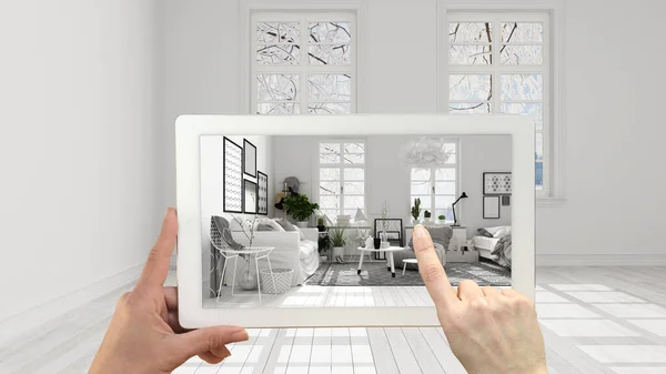 Augmented Reality Concept Handtablet Met Toepassing Voor Het Simuleren Van — Stockfoto