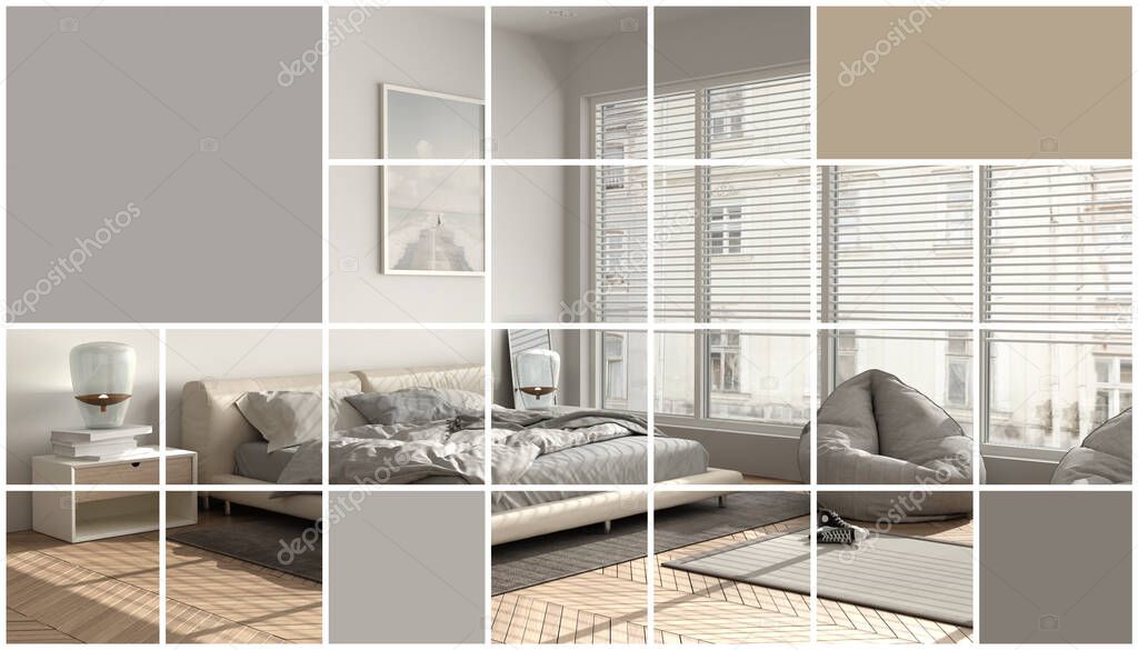 Geometric square mosaic graphic effect with copy space for text, presentation template, mockup idea, modern luxury bedroom with panoramic window, concept interior design