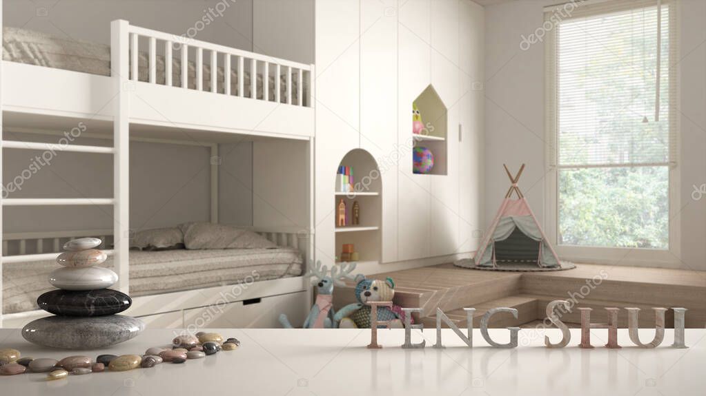 White table shelf with pebble balance and 3d letters making the word feng shui over white minimalist children bedroom with bunk bed and toys, zen concept interior design