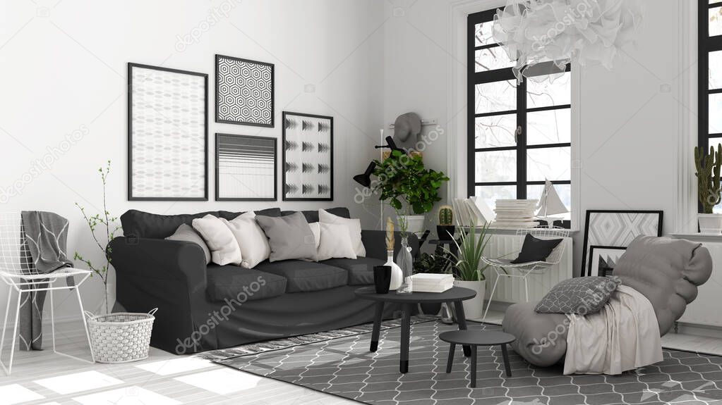 Scandinavian open space in white and gray tones, living room with sofa, coffee tables, armchair, pillows, carpet, decors and potted plants, parquet floor, modern interior design