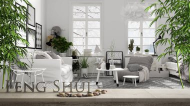 Wooden vintage table shelf with pebble balance and 3d letters making the word feng shui over blurred scandinavian living room with big windows and sofa, zen concept interior design clipart
