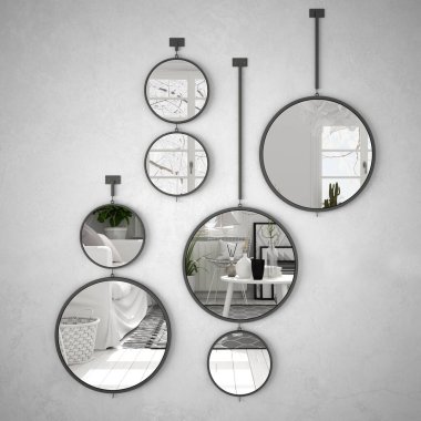 Duvarda asılı duran yuvarlak aynalar iç tasarım sahnesini yansıtıyor, İskandinav oturma odası kanepesi, kahve masası, halı ve dekorasyon, modern mimari konsepti.