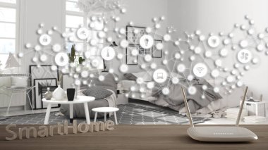 Wi-Fi kablosuz yönlendirici ahşap masa, akıllı ev, geometrik arkaplan bağlı çizgi ve noktalar şeylerin interneti, ev otomasyonu konsepti modern yatak odası üzerinde