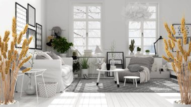 Çakıl taşları, kuru bitkiler, süs, kulaklar, kılıf, siyah ve beyaz İskandinav oturma odasının üzerine dallar, kanepe ve koltuk, modern iç tasarım