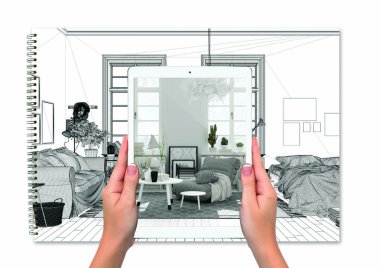 Ellerinde İskandinav oturma odası, kanepe, tamamen boş proje geçmişi, artırılmış gerçeklik konsepti, mobilya ve iç tasarım ürünlerini taklit etmek için uygulama gösteren tablet var.