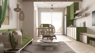 İskandinav etnik oturma ve yemek odası, yeşil ve ahşap mutfak. Koltuk ve kahve masası, sandalyeli masa, halı ve kolye lambaları. Modern iç tasarım fikri