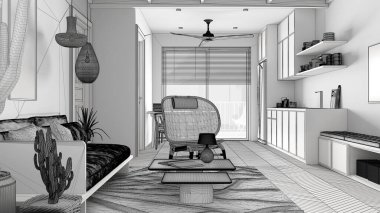 İskandinav etnik yaşamı, yemek odası ve mutfağının bitmemiş projesi. Koltuk ve kahve masası, sandalyeli masa, halı ve kolye lambaları. Modern iç tasarım fikri