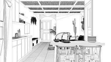 İskandinav etnik yaşamı, yemek odasını ve mutfağını gösteren proje taslağı. Koltuk ve kahve masası, sandalyeli masa, halı ve kolye lambaları. Modern iç tasarım fikri