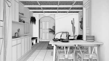 İskandinav etnik yaşamı, yemek odası ve mutfağının bitmemiş projesi. Koltuk ve kahve masası, sandalyeli masa, halı ve kolye lambaları. Modern iç tasarım fikri