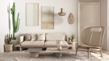 Bulanık arka plan tasarımı, İskandinav etnik oturma odası. Koltuk, sehpa, yastıklı ahşap koltuk, halı ve kolye lambaları. Lezzetli. Modern kavram fikri