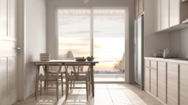 Arka plan bulanık, İskandinav mutfağı ve yemek odası. Büyük panoramik pencere, sandalyeli masa. Modern kavram fikri