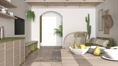 İskandinav etnik oturma ve yemek odası, yeşil ve ahşap mutfak. Koltuk, sandalyeli yemek masası, halı ve kolye lambaları. Saksı bitkileri. Modern iç tasarım fikri