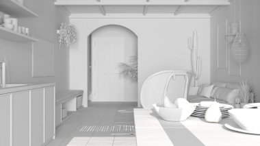 Tam bir İskandinav etnik oturma odası ve yemek odası projesi, mutfak. Koltuk, yemek masası, sandalyeler, halı ve kolye lambaları. Saksı bitkileri. Modern iç tasarım fikri